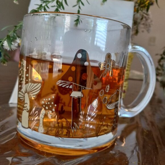 Gold Mushroom Clear Glass coffee/tea Mug (cottagecore) - Picture 4 of 5